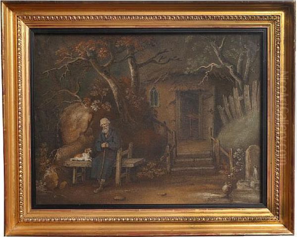 Man Seated Beneath The Branches Ofa Tree, A Dog By His Side, Beside The Entrance To A Thatchedcottage Oil Painting by Benjamin Zobel