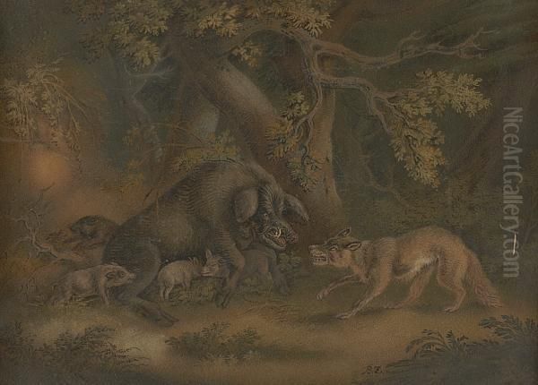 A Wild Boar And Fox Oil Painting by Benjamin Zobel