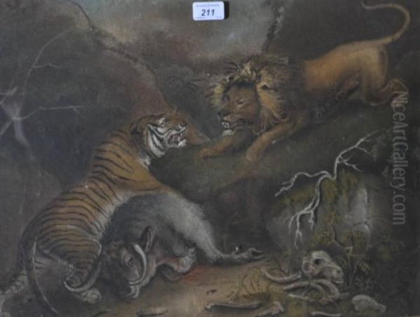 Lion And Tiger Fighting Oil Painting by Benjamin Zobel