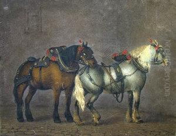 Two Horses In A Stable Interior by Benjamin Zobel