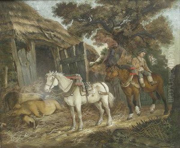 Working Horses Outside A Pigsty Oil Painting by Benjamin Zobel