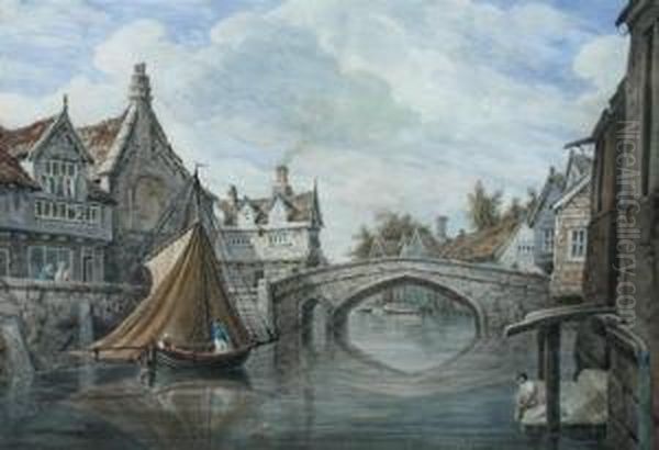 A Sailing Boat By A Bridge In A Dutch Town; And Oil Painting by James George Zobel