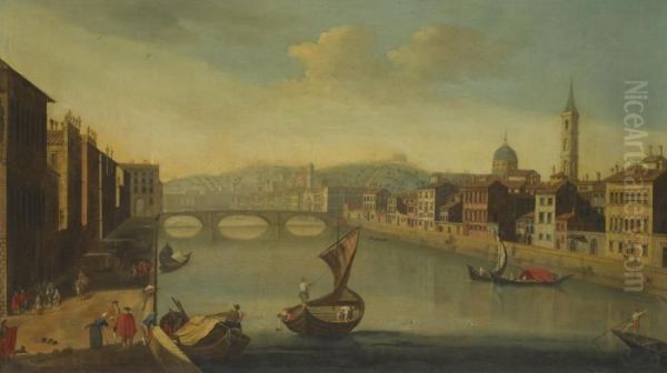 Florence, A View Of The Arno Towards The Bridge Of Santa Trinita Oil Painting by Giuseppe Zocchi