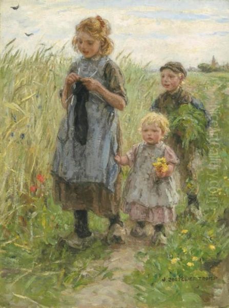 Three Children Walking In A Field Oil Painting by Jan Zoetelief Tromp