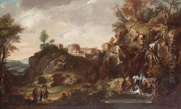 A Rocky River Landscape With Christ On The Road To Emmaus Oil Painting by Giuseppe Zola