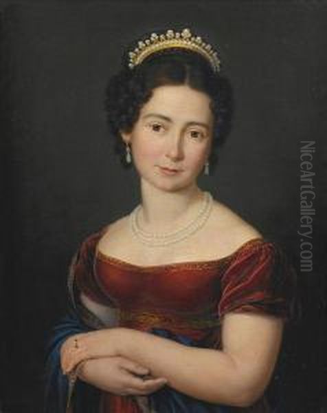 Portrait Of Marie Luise Victoire Prinzessin Von Sachsen-coburg-saalfeld, Later Of Leiningen And Then Duchess Of Kent, Half-length, In A Red Dress With A Blue Shawl, With A Pearl Necklace And A Tiara Oil Painting by Franz Joseph Zoll