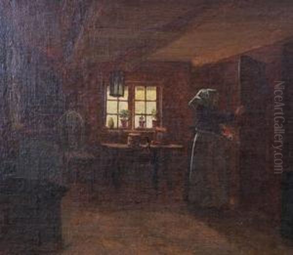 Interior Med Kvinna Vid Dorr Oil Painting by Kilian Zoll