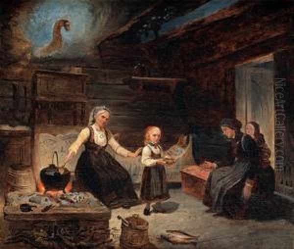 Interior With Woman And Children At A Kitchenhearth, Giving A Bowl Of Food To A Poor And Needy Woman And Herchildren Oil Painting by Kilian Zoll