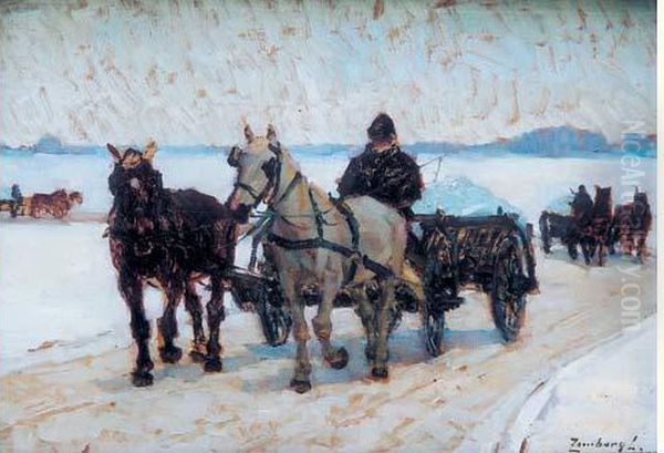 Attelage Sur La Neige Oil Painting by Lajos Zombory