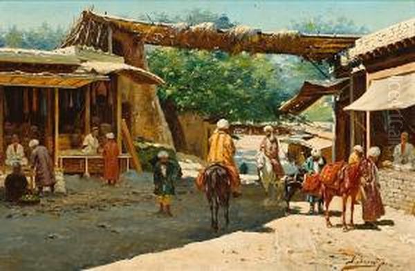 Horsemen And Figures At A Town Gate Oil Painting by Richard Karlovich Zommer