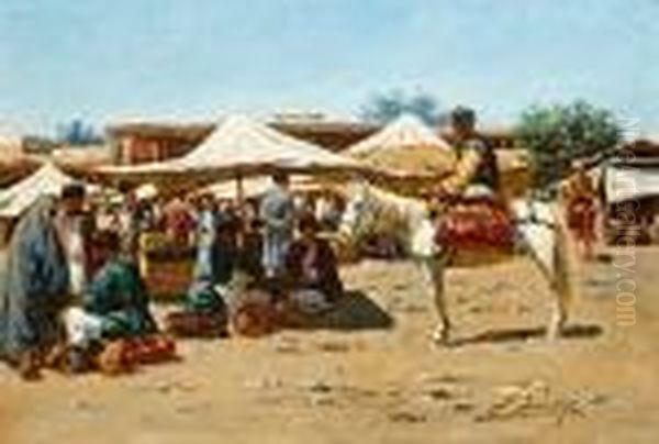 A Market Scene Oil Painting by Richard Karlovich Zommer