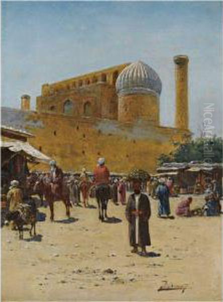 Bazaar In Samarkand Oil Painting by Richard Karlovich Zommer