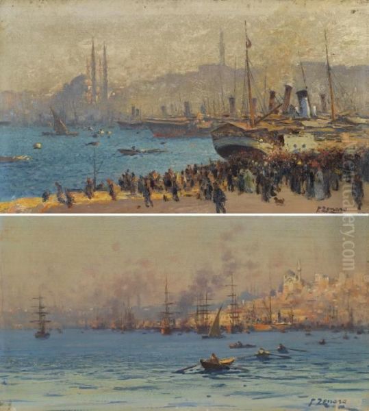 Two Views Of The Bosphorus: A Pair Oil Painting by Fausto Zonaro