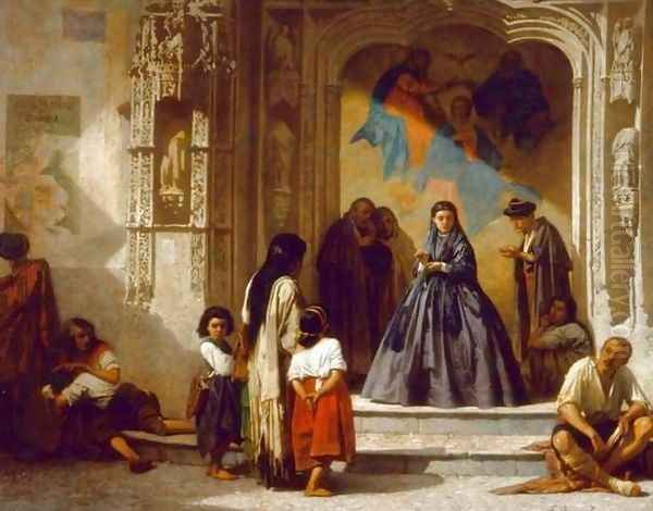 Young woman doing charity at the entrance to the chapel of the hospital in San Sebastian Cordoba Oil Painting by Leon Bonnat