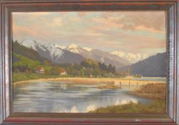 Blick Uber Einen See Im Spatsommer Auf Die Berge Im Abendlicht Oil Painting by Carl Zopf