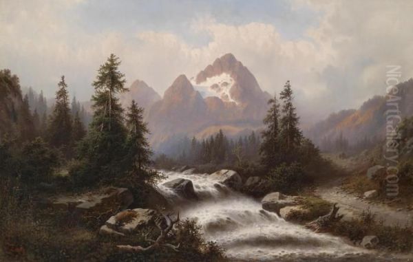 River Landscape In The Mountains Oil Painting by Julius Zopf