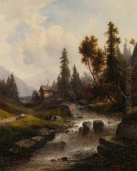 Gehoft Am Sommerlichen Gebirgsbach Oil Painting by Julius Zopf