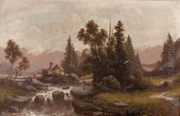 Alpine Landschaft Mit Hausern Am Bach Oil Painting by Julius Zopf