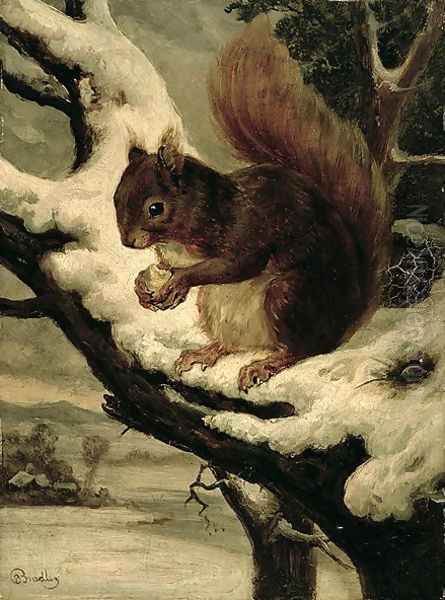 A Red Squirrel Eating a Nut Oil Painting by Basil Bradley