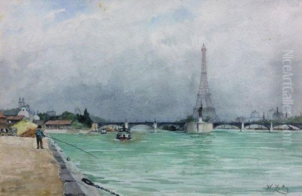 Paris, Pecheur Sur La Seine Oil Painting by Jean Henri Zuber