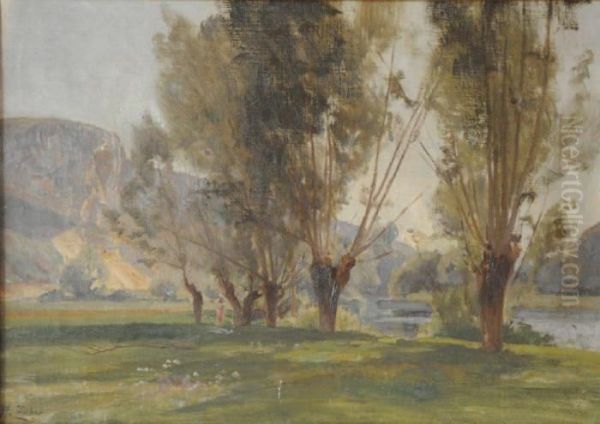  Saules Au Bord De La Riviere  Oil Painting by Jean Henri Zuber