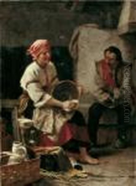 Bauerliches Interieur Mit Einem
 Jungen Paar.

 Signiert Und Datiert Oben Links: Juliusz Zuber Oil Painting by Julius Zuber