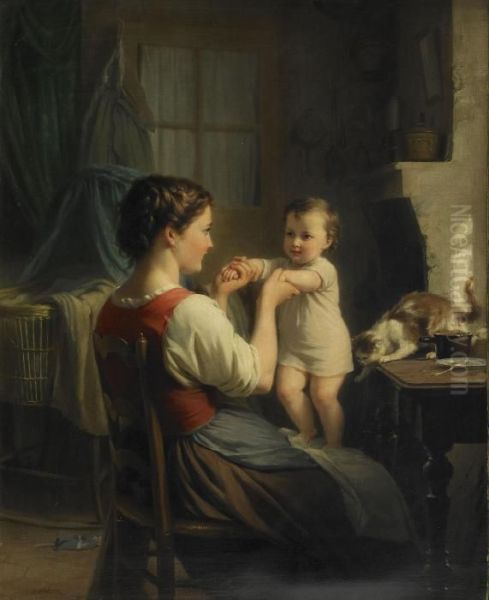 Mor Och Barn Med Katt Oil Painting by Fritz Zuber-Buhler