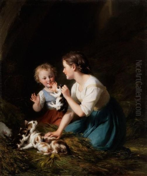 Kinder Mit Katzchen Oil Painting by Fritz Zuber-Buhler