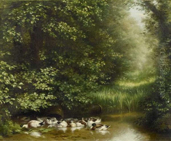 Ducks On A Pond Oil Painting by Fritz Zuber-Buhler