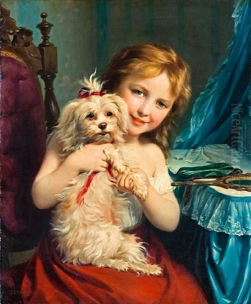 A Young Girl With A Bichon Frise Oil Painting by Fritz Zuber-Buhler