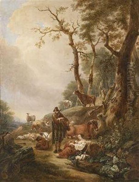 Eine Hirtenfamilie Mit Ihrer Herde In Einer Landschaft Oil Painting by Francesco Zuccarelli