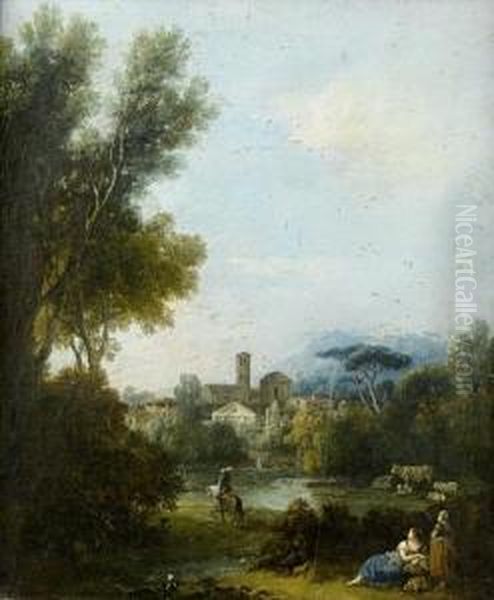 Two Shepherdesses Grazing Their Cattle In An Italianate Landscape, With A Horseman In The Distance And Classical Buildings On The Horizon Oil Painting by Francesco Zuccarelli