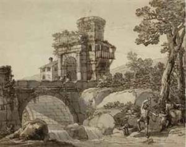 A Landscape With A Bridge And Classical Ruins In The Distance, Afamily Fishing By A Stream In The Foreground Oil Painting by Antonio Zucchi