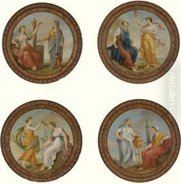 Four Roundels Depicting Classical Figures, Possibly Representing The Four Seasons Oil Painting by Antonio Zucchi