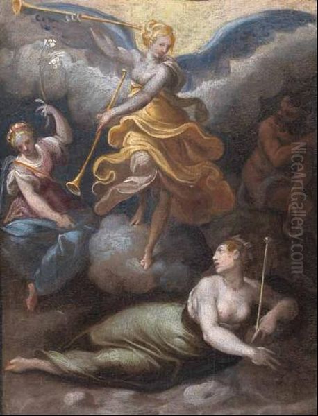 Personificazione Della Fama Con Tre Figure Allegoriche Oil Painting by Jacopo Zucchi