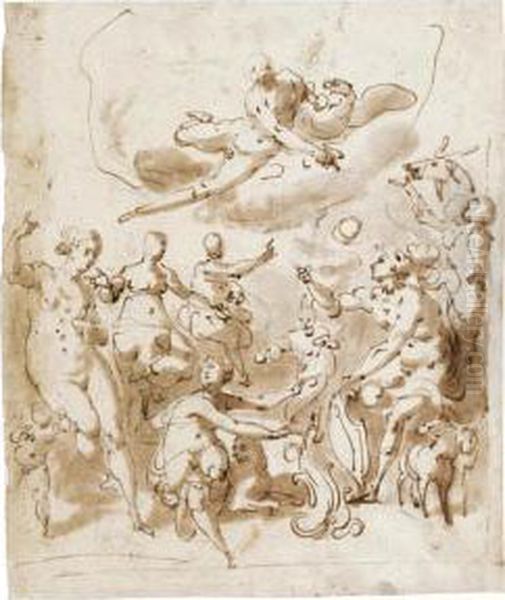 An Allegorical Subject, Possibly Commemorating A Marriage, With Jupiter Above And Various Figures Below, One Holding A Shield Oil Painting by Jacopo Zucchi