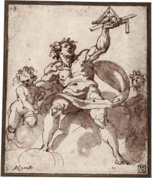 An Allegory Of Architecture: A Male Figure With Two Putti Oil Painting by Jacopo Zucchi