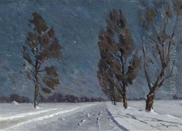 Winter Street At Night Oil Painting by Stanislaw Zukowski