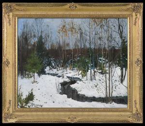 Forest Streem In Winter Oil Painting by Stanislaw Zukowski