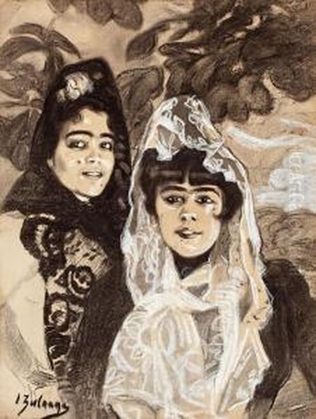 Dos Jovenes Con Mantilla Oil Painting by Ignacio Zuloaga Y Zabaleta