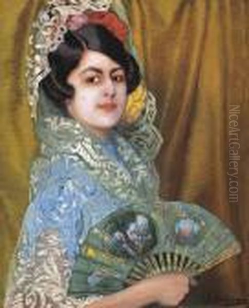 Dama Con Abanico (lady With A Fan) Oil Painting by Ignacio Zuloaga Y Zabaleta