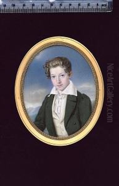 A Boy, Wearing Dark Green Coat, Cream Waistcoat And Pleated White Chemise With Wide Collar Oil Painting by Josef Zumsande