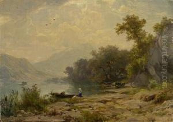 Landscape With Lake And Boat Oil Painting by Robert Zund