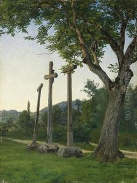 Three Crosses Along A Country Lane Oil Painting by Robert Zund