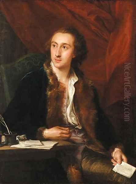 Portrait of a gentleman,three-quarter-length seated,in a fur-lined blue coat Oil Painting by Pompeo Gerolamo Batoni