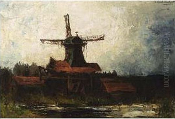 A Windmill In A Polderlandscape Oil Painting by Frederick Willem Zurcher