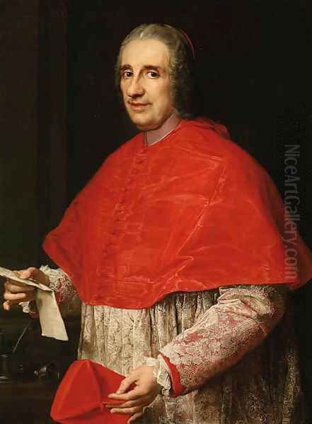 Portrait of a Cardinal, half-length, in robes of office, holding his biretta and a letter Oil Painting by Pompeo Gerolamo Batoni