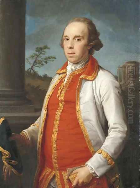 Portrait of Robert Udny (1722-1802), half-length, in a gold-trimmed coat, holding a hat and gloves in his right hand, the Temple of the Sybil at Tivol Oil Painting by Pompeo Gerolamo Batoni