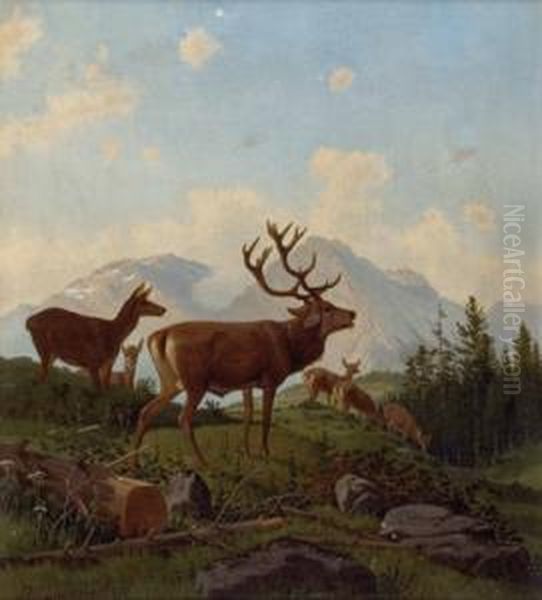 Hirsch Und Rehe Vor Bergkulisse Oil Painting by Josef Zurnich