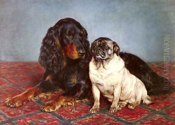 A Spaniel And A Pug Oil Painting by Otto Bache